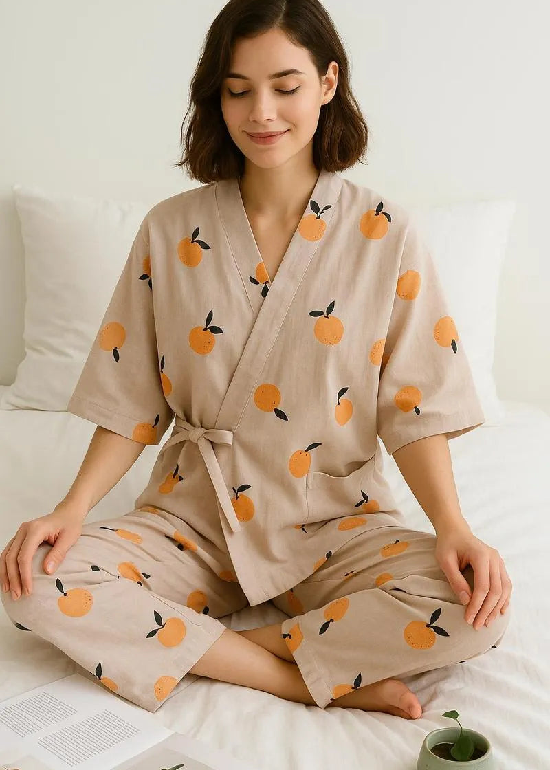 Pyjama japonais kimono orange - Coton doux & confort-Kimikono