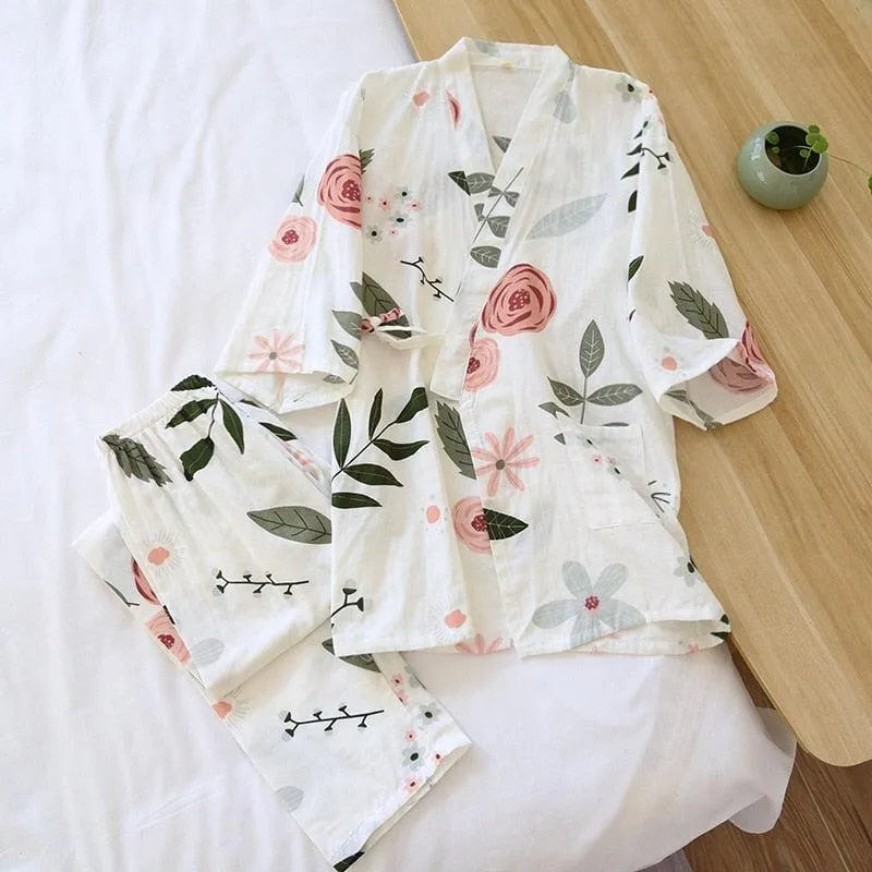 Pyjama kimono blanc floral - Confort japonais femme-Kimikono
