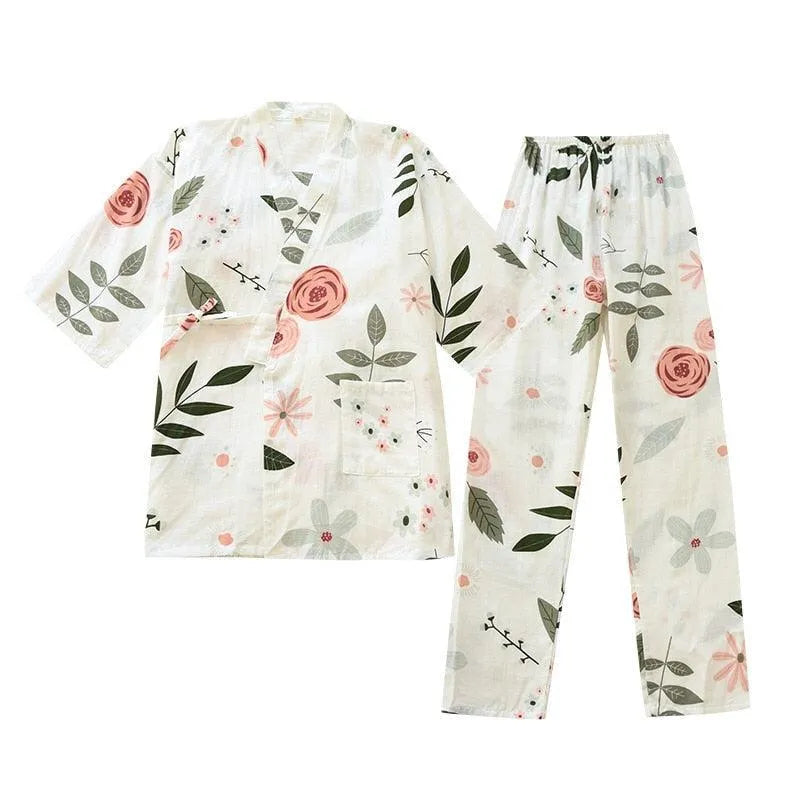 Pyjama kimono blanc floral - Confort japonais femme-Kimikono