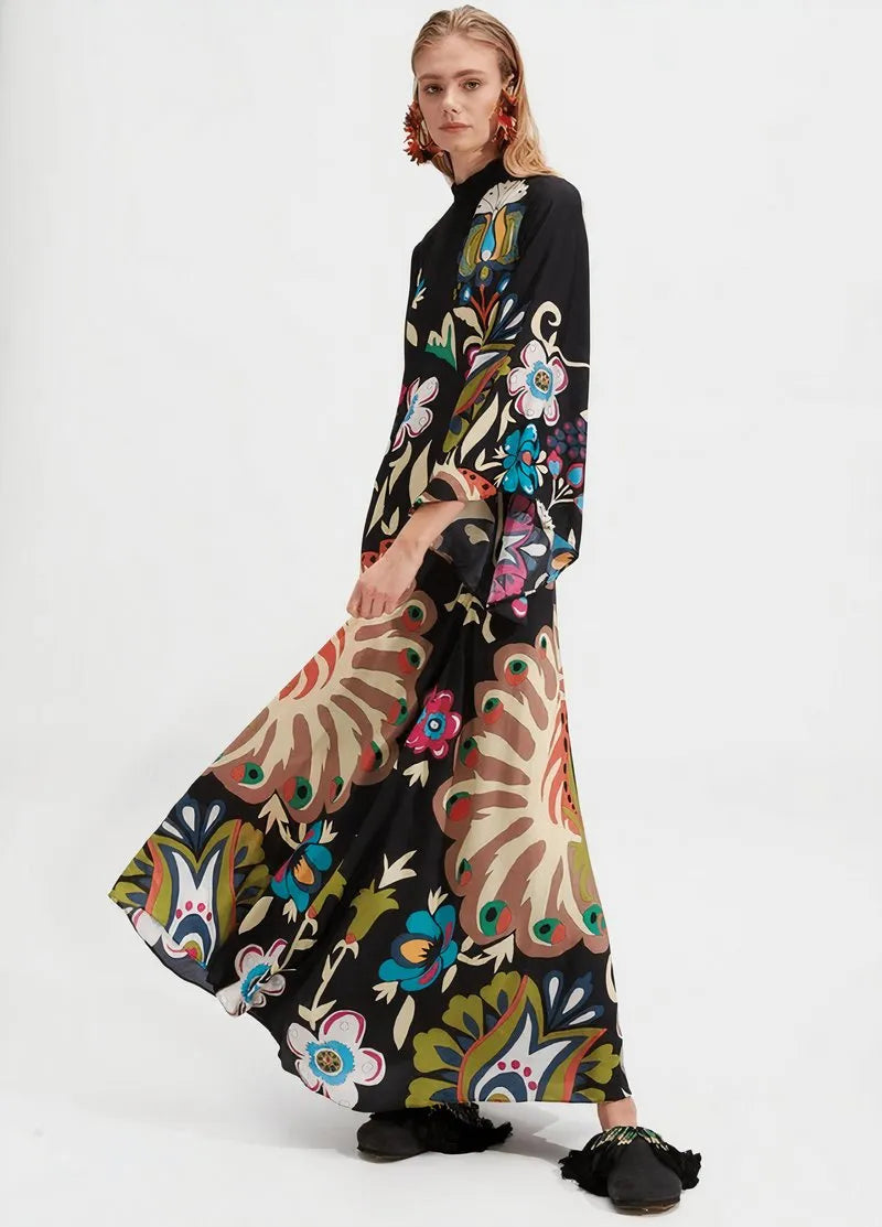 robe kimono noir à fleurs