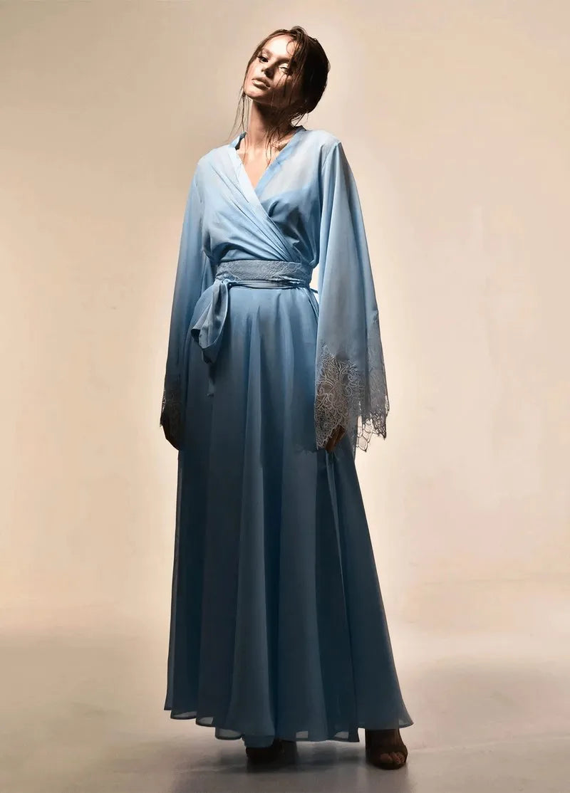 robe soie femme kimono bleue dentelle