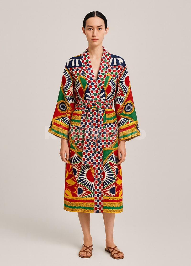 robe kimono imprimé mosaïque en coton pour femme