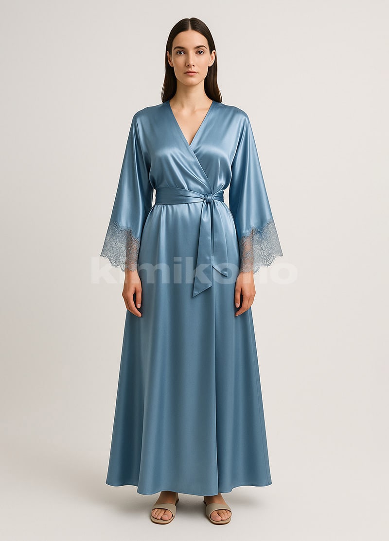 robe kimono bleue en soie pour femme