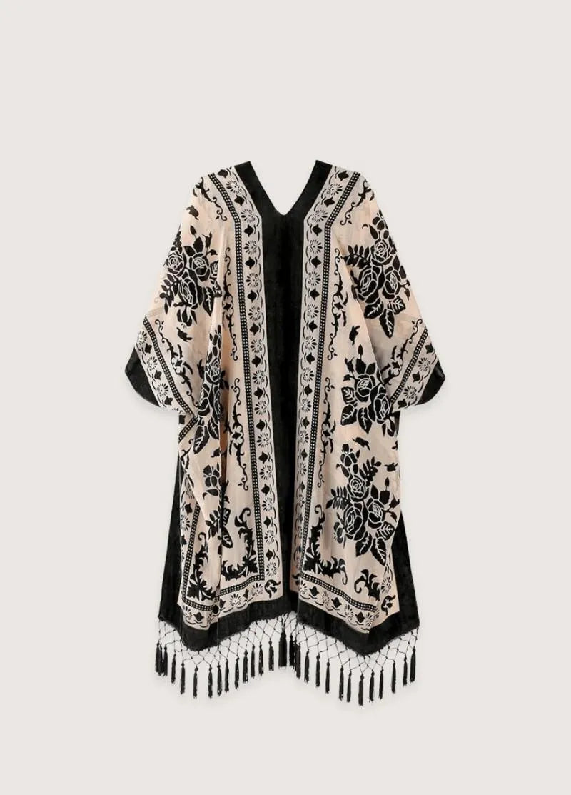 Veste kimono beige et noire - Style unique & chic-Kimikono