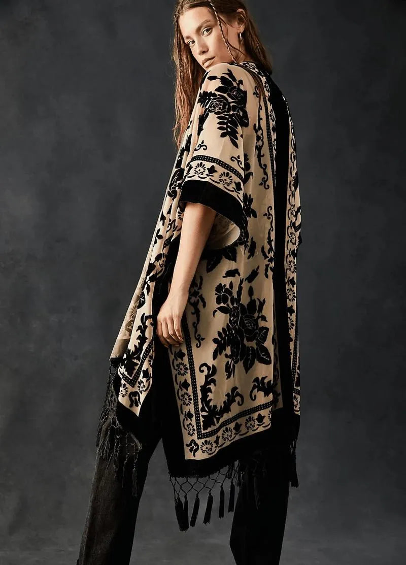 Veste kimono beige et noire - Style unique & chic-Kimikono