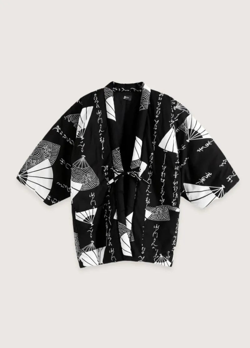 Veste kimono japonaise blanc et noir - Élégante-Kimikono