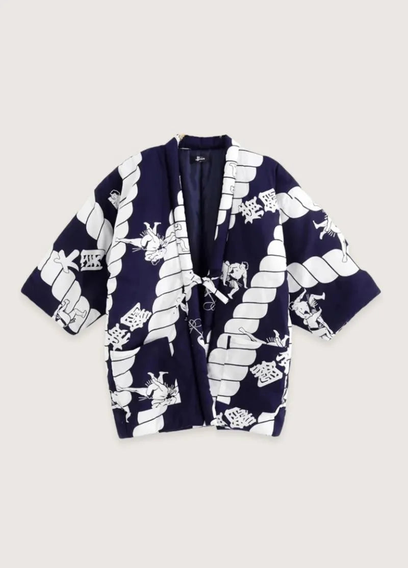 Veste kimono japonaise bleu et blanc - Authentique-Kimikono