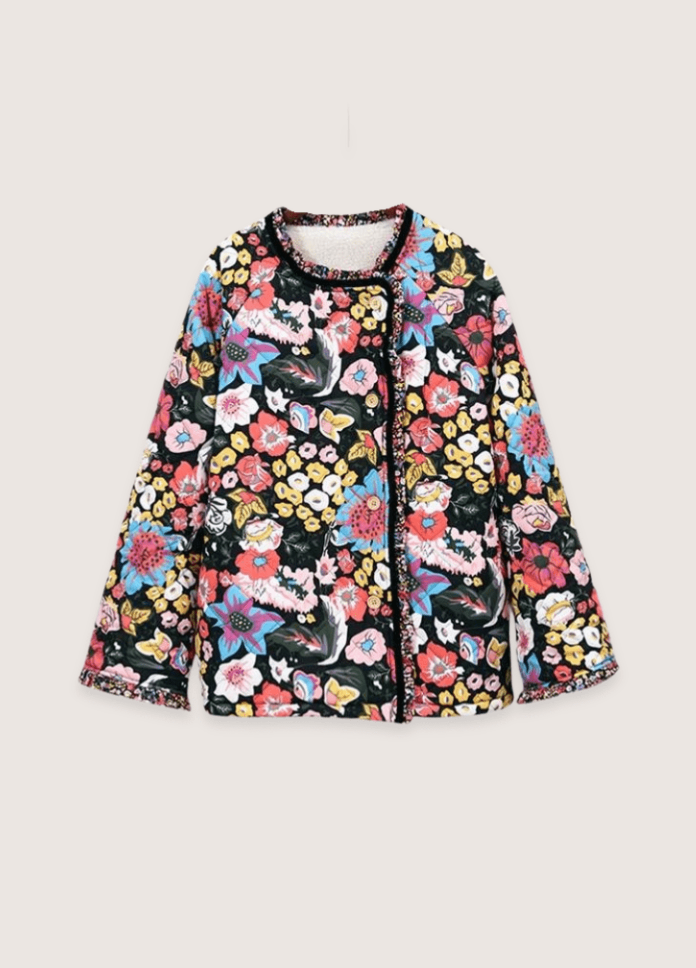 Veste kimono matelassée fleurie noire | Hanabira