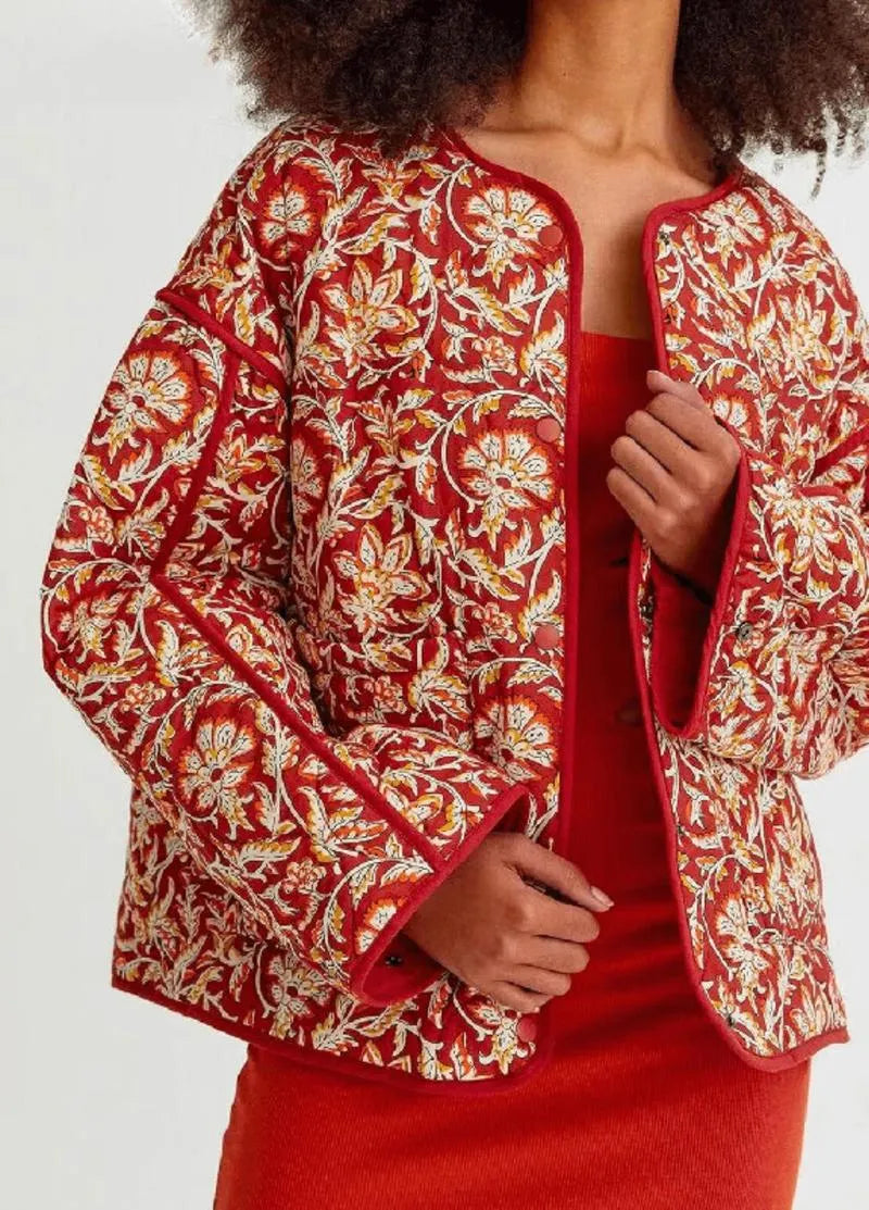 Veste kimono matelassée orange floral - Style unique-Kimikono