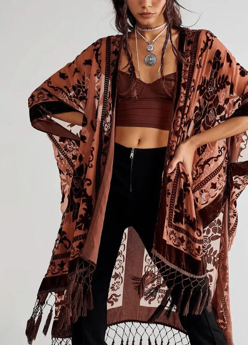 Veste kimono rose à franges - Style bohème chic-Kimikono