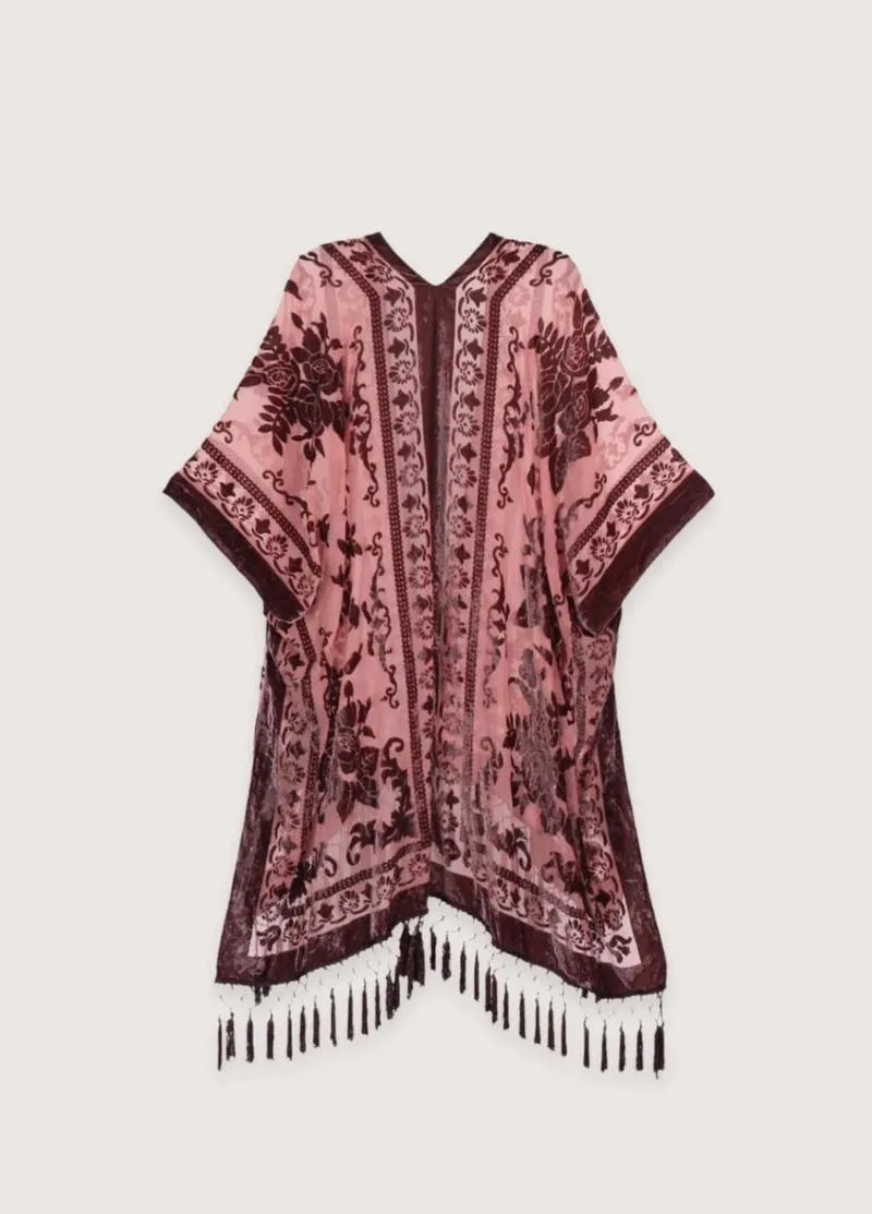 Veste kimono rose à franges - Style bohème chic-Kimikono