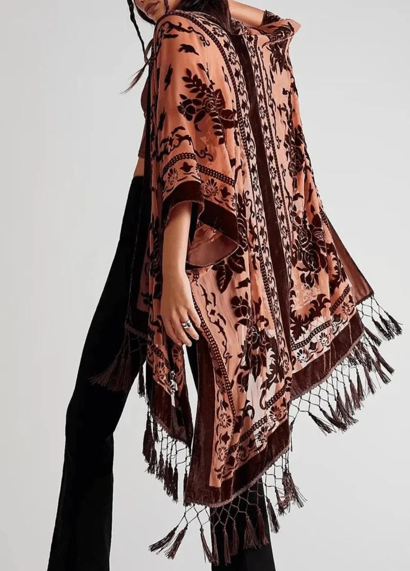 Veste kimono rose à franges - Style bohème chic-Kimikono