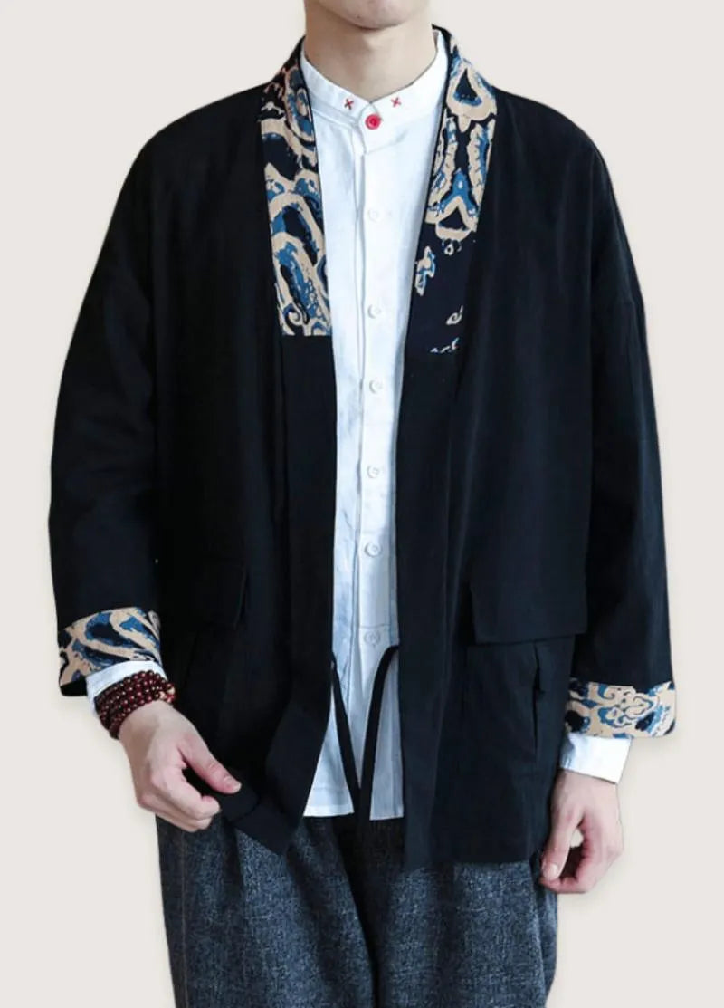 Veste style kimono homme noir chic - Élégance japonaise-Kimikono