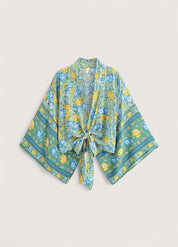 Haut kimono court bleu fleuri | Mizuiro