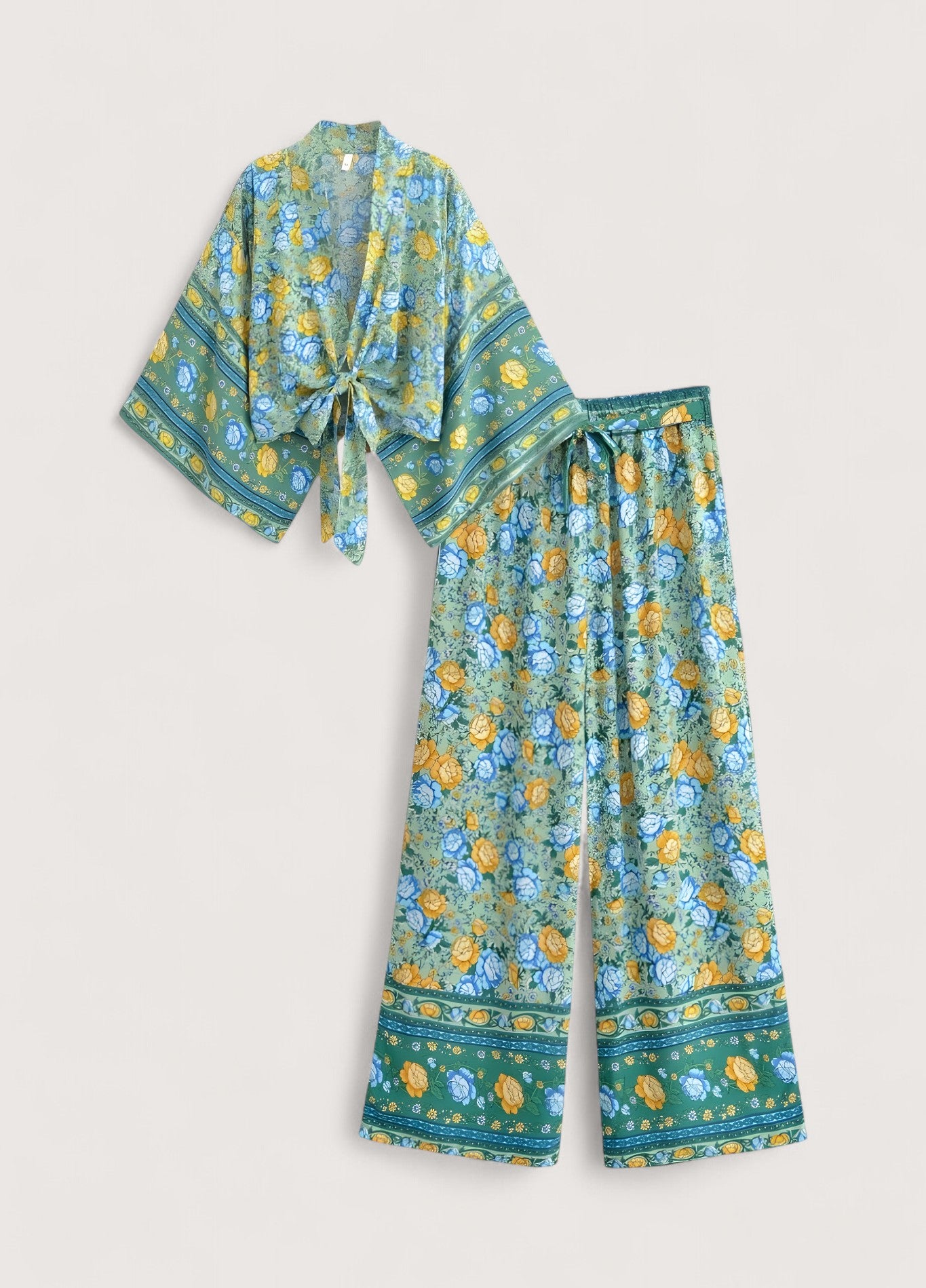 Ensemble kimono court et pantalon bleu fleuri | Mizuiro