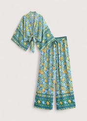 Ensemble kimono court et pantalon bleu fleuri | Mizuiro